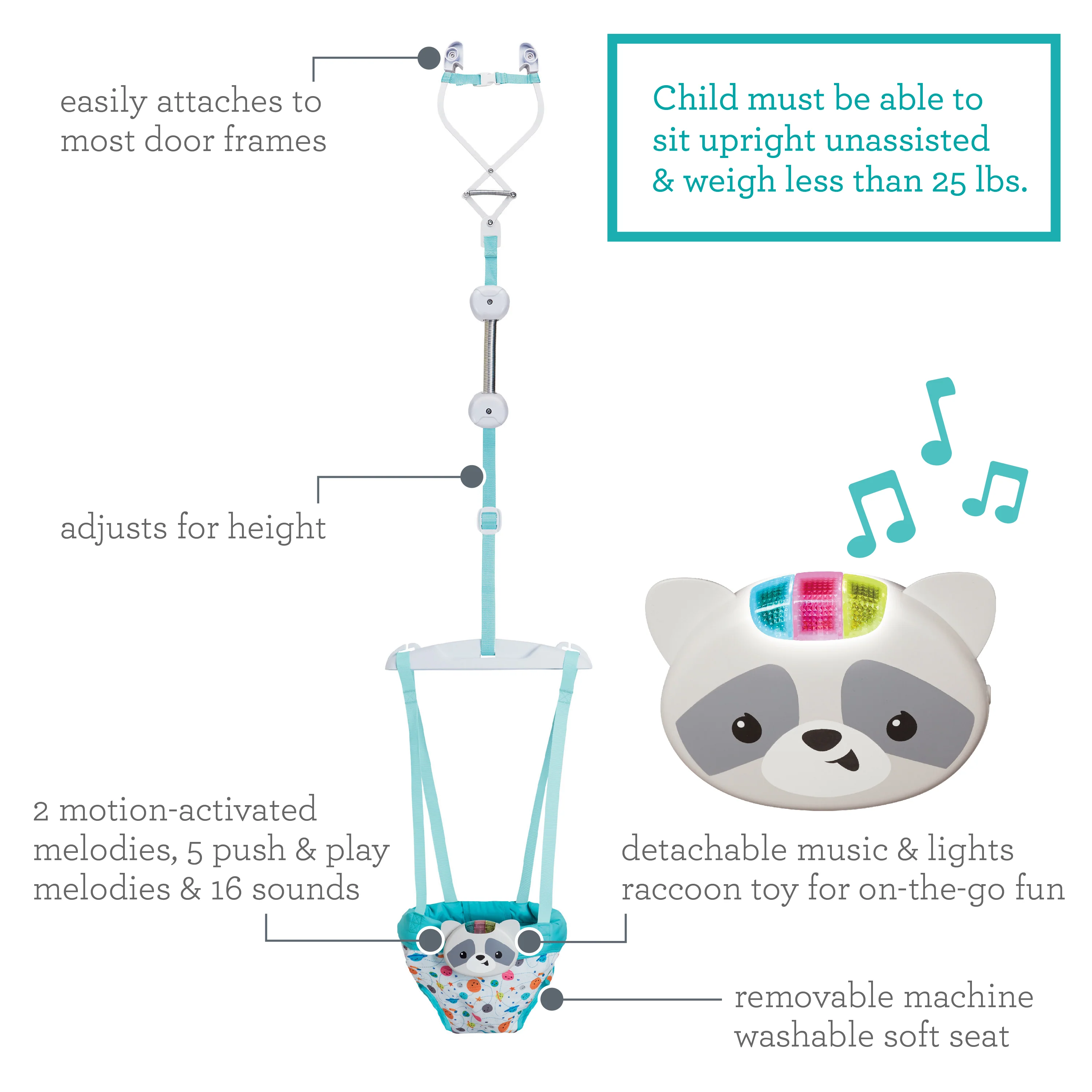 2-in-1 Music & Lights Doorway Jumper - Raccoon - Image 5